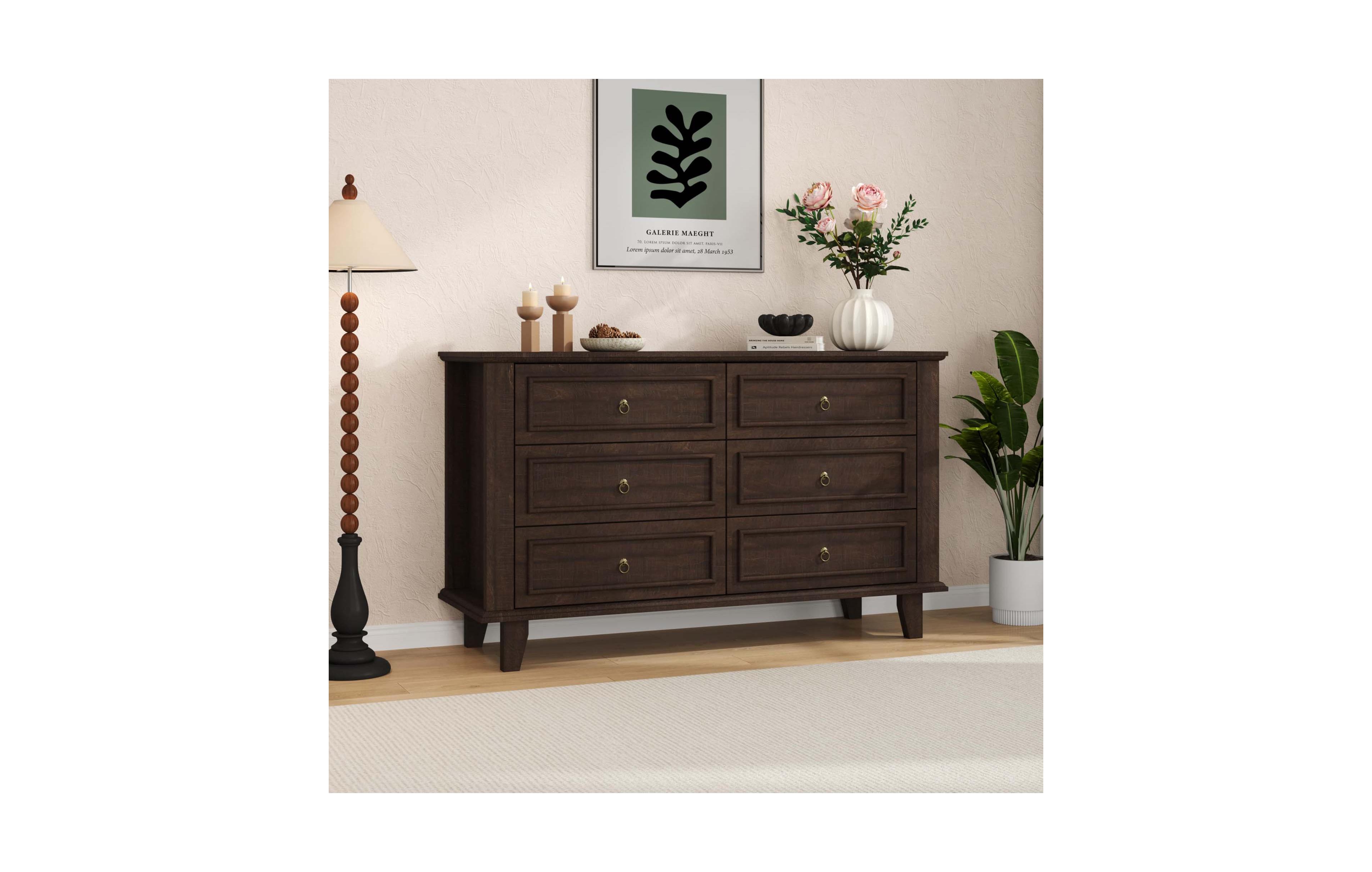 homfan 6-Drawer Dresser 47.2 Inch Wide Retro Wood Storage Chest with Metal Handles Anti-Tip for Bedroom Entryway Living Room
