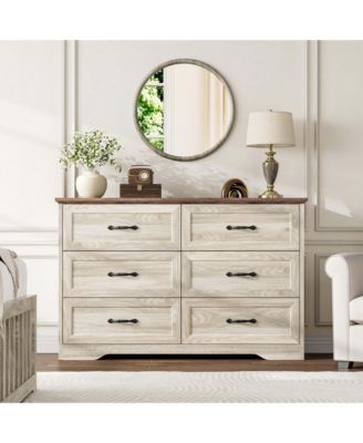 6-Drawer Dresser 47.2 Inch Wide Farmhouse Wood Storage Chest with Metal Handles Anti-Tip for Bedroom Living Room Kids Room