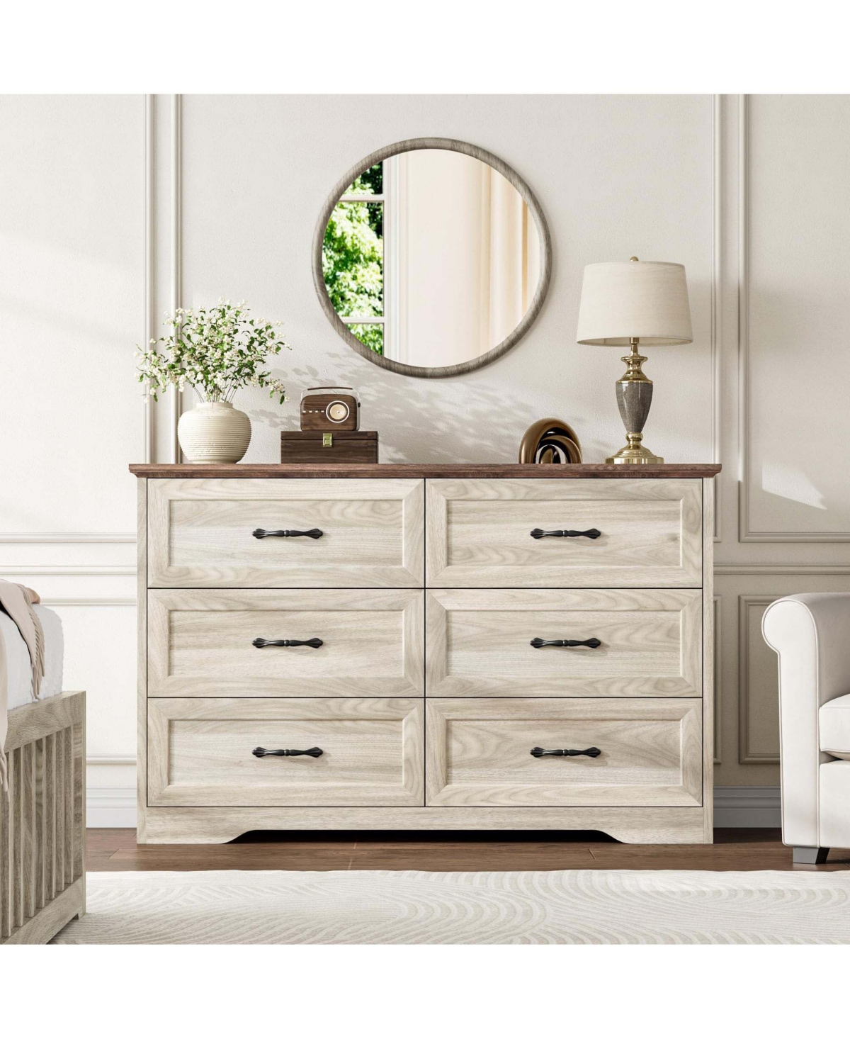 homfan 6-Drawer Dresser 47.2 Inch Wide Farmhouse Wood Storage Chest with Metal Handles Anti-Tip for Bedroom Living Room Kids Room