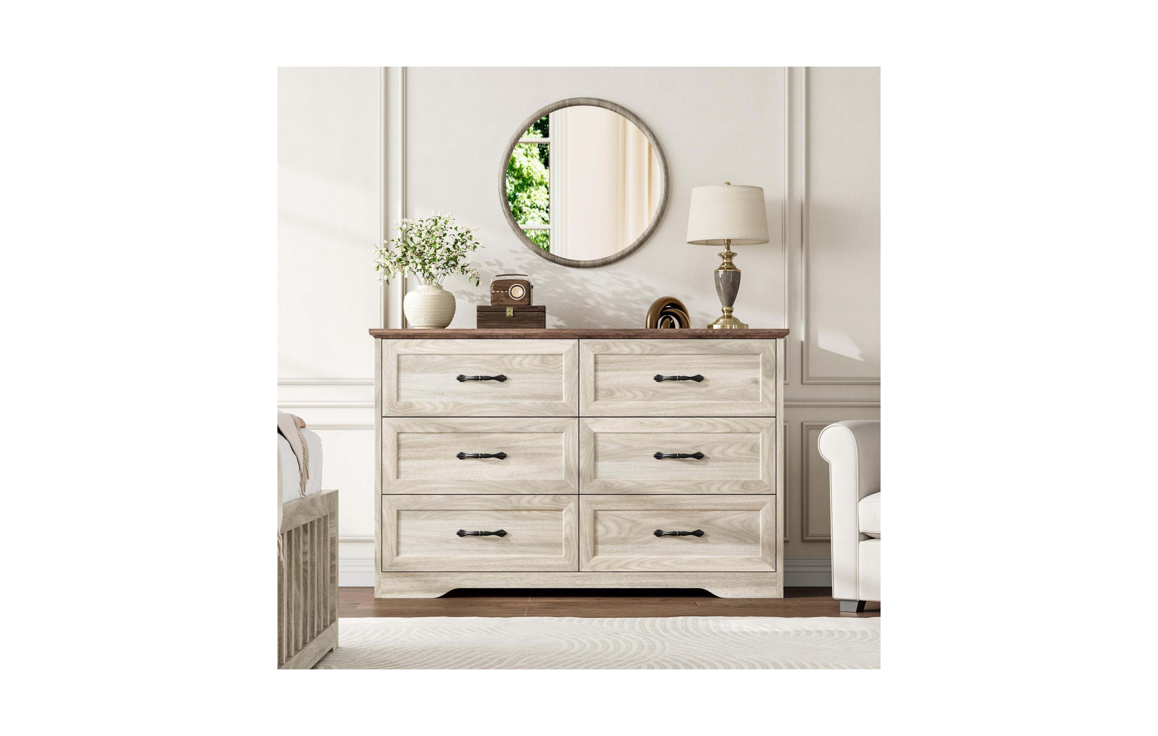 homfan 6-Drawer Dresser 47.2 Inch Wide Farmhouse Wood Storage Chest with Metal Handles Anti-Tip for Bedroom Living Room Kids Room