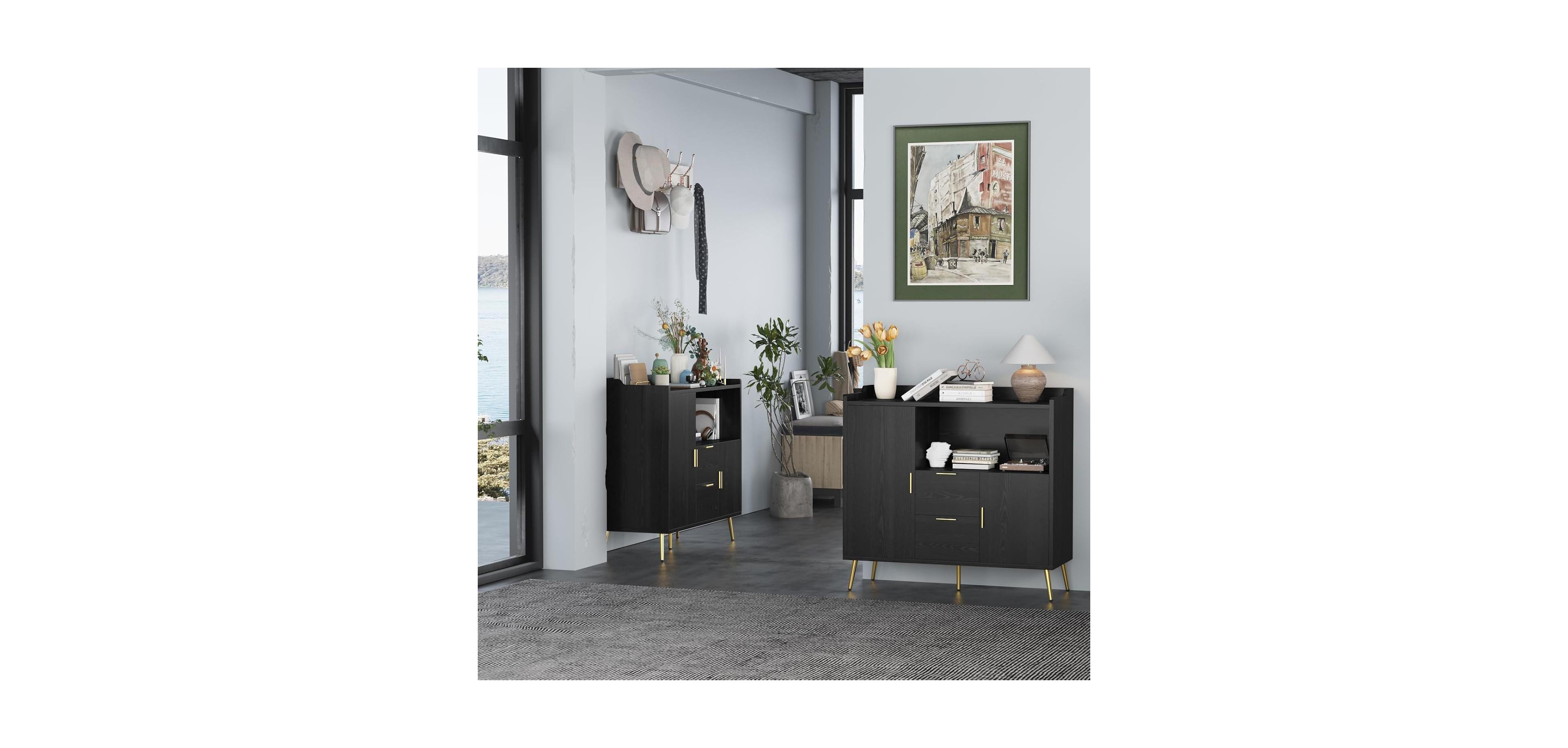 homfan 40 Inch Sideboard Buffet Cabinet 2-Pack Set Wood Storage 3 Drawers 2 Doors Adjustable Shelf Mark-Resistant Easy Assembly for Dining Living Room