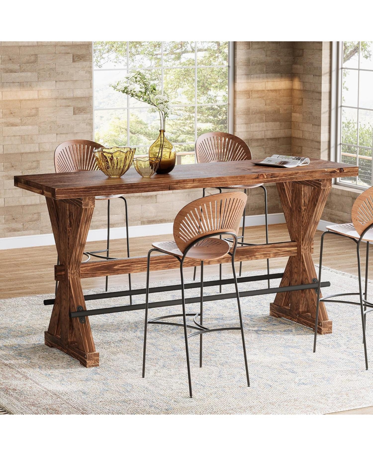 Tribesigns Solid Wood Bar Table, 63-Inch Counter Height Pub Table with Sturdy X-Base, Farmhouse Style - Brown