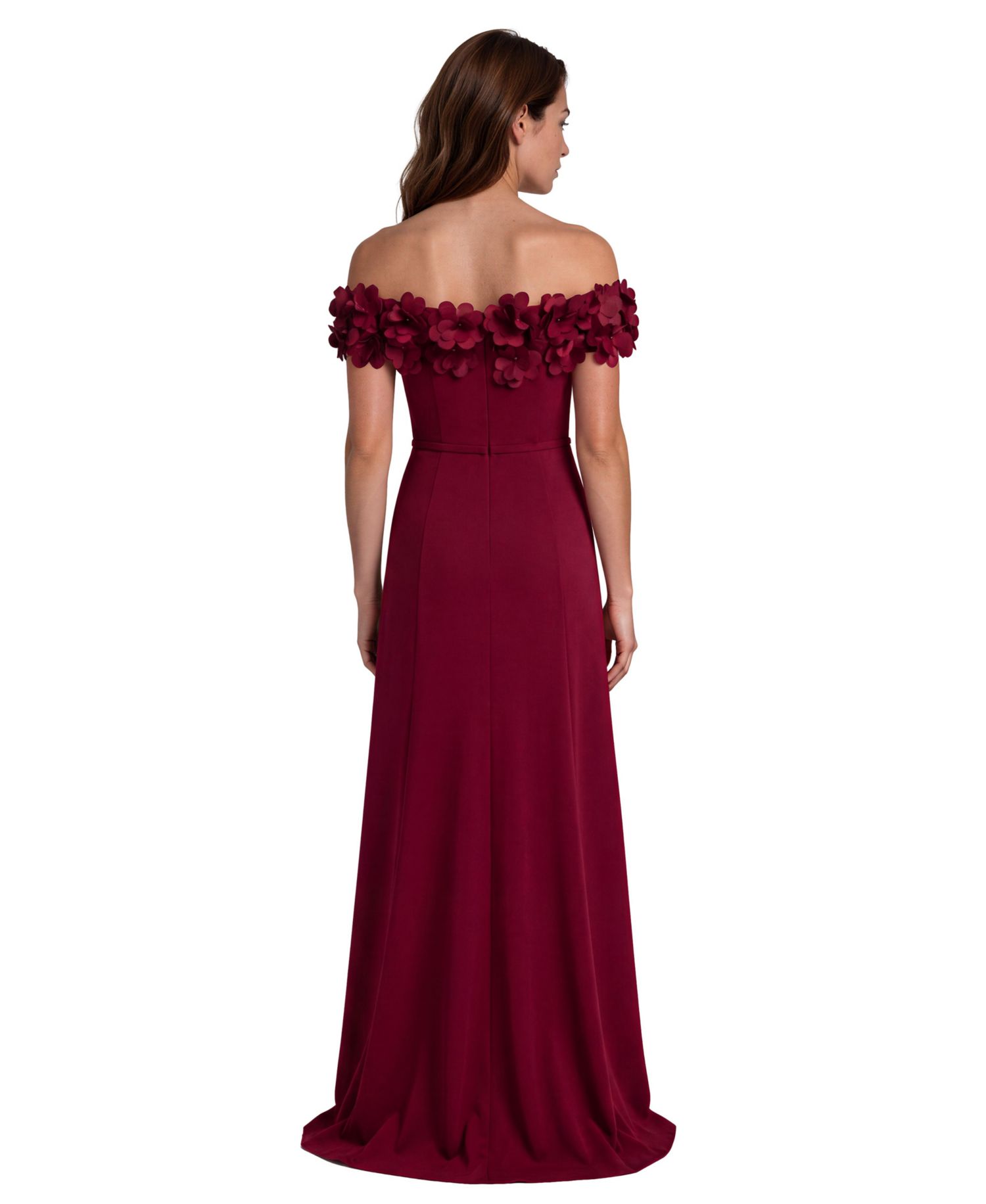 Women's Off The Shoulder Crepe Fit and Flare Gown with Front Slit and 3D Floral Appliques