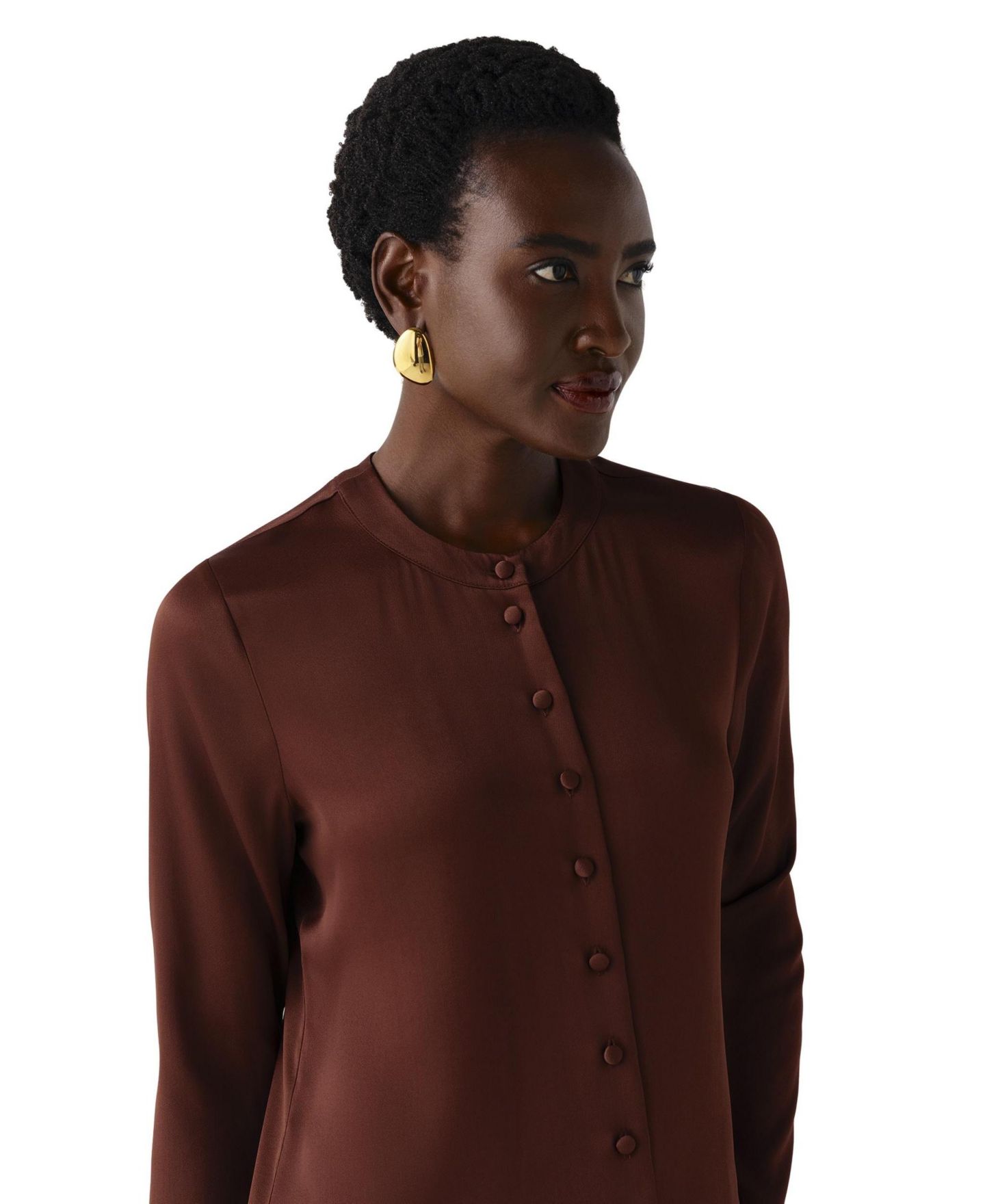 Женская блузка Ghost London Efie Satin-Back Crepe Collarless Long-Sleeve, цвет: Коричневый — фото 5