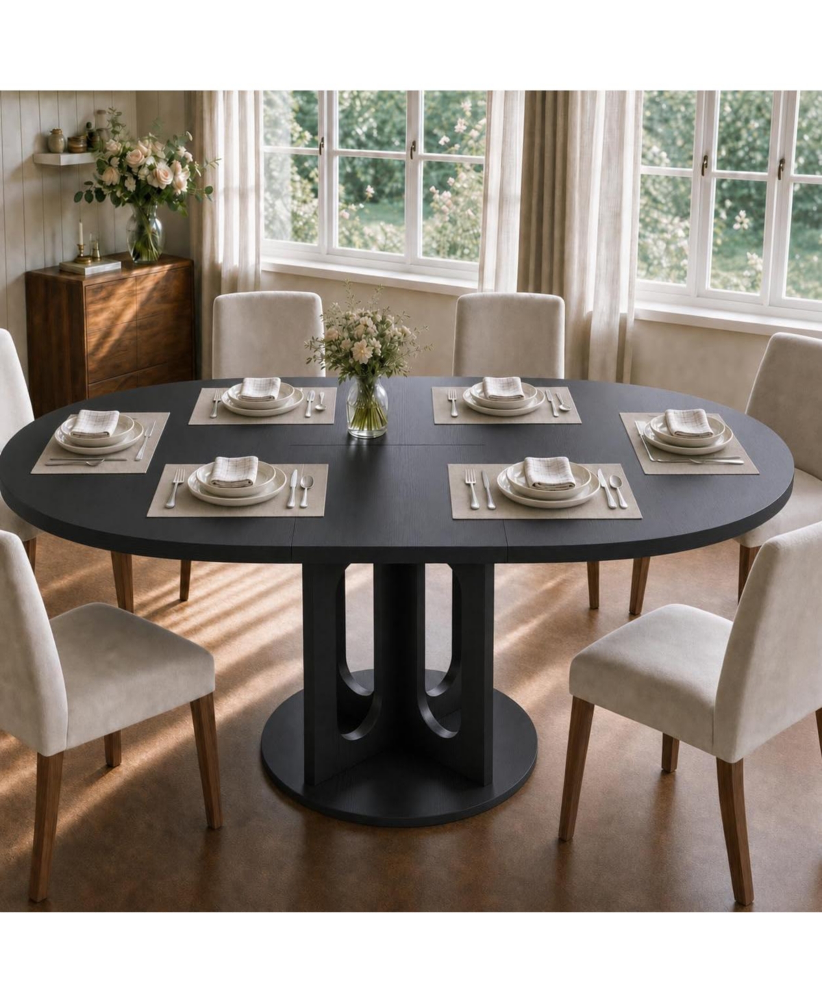 gaomon 43"-59" Extendable Round to Oval Dining Table, Wood Grain Kitchen Table for 4-6