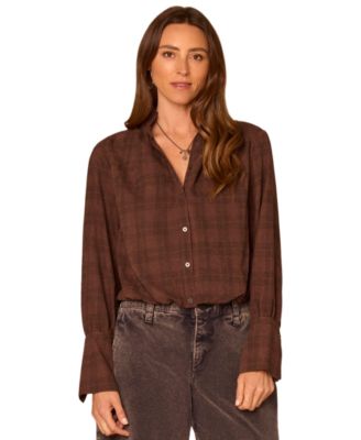 Petite Plaid French-Cuff Ruffle-Neck Faux Suede Blouse