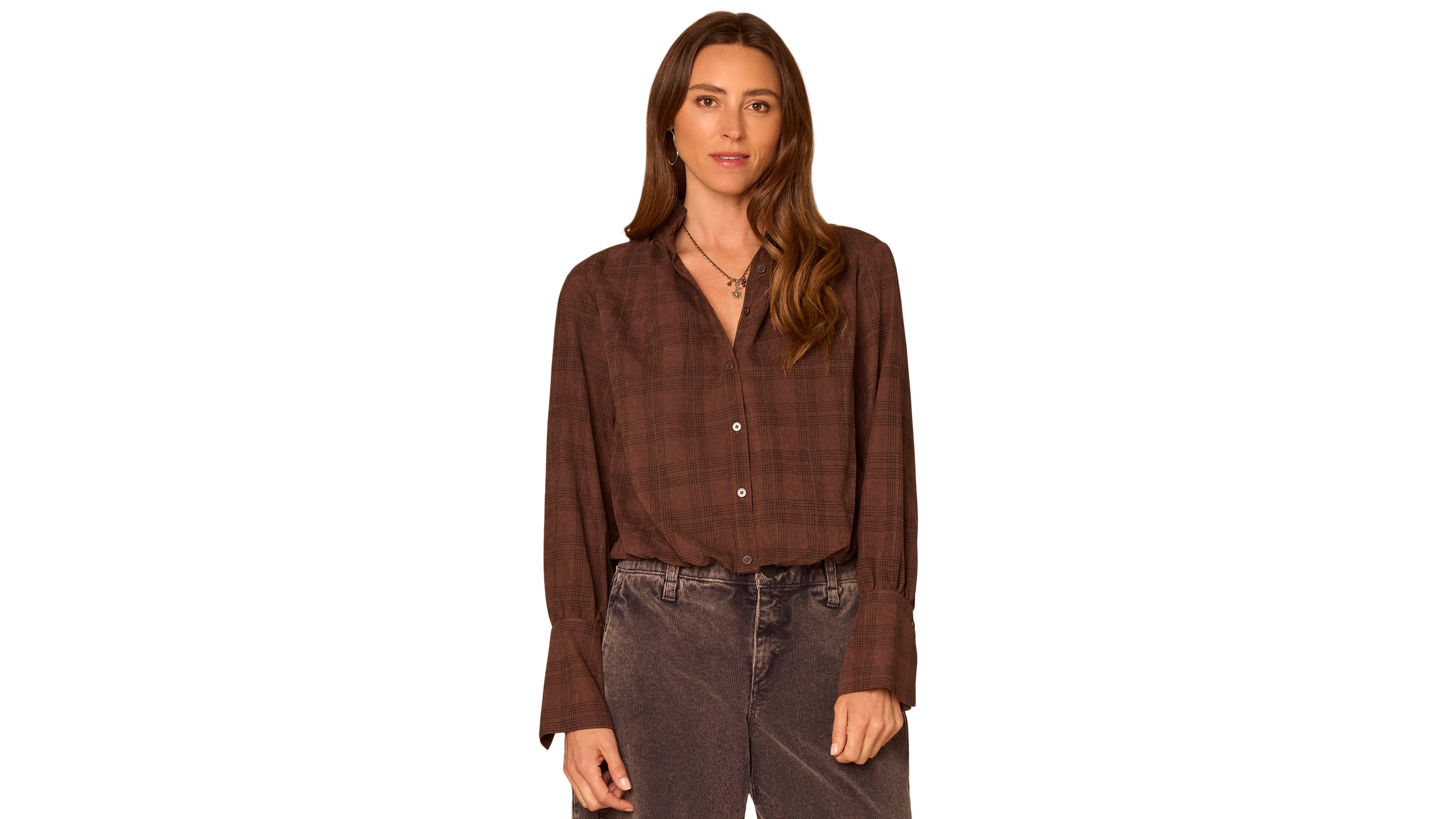 Democracy Women's Plaid French-Cuff Ruffle-Neck Faux Suede Blouse