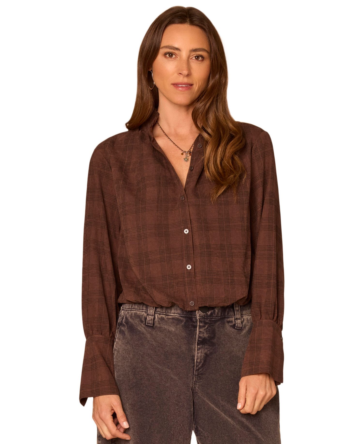 Petite Plaid French-Cuff Ruffle-Neck Faux Suede Blouse