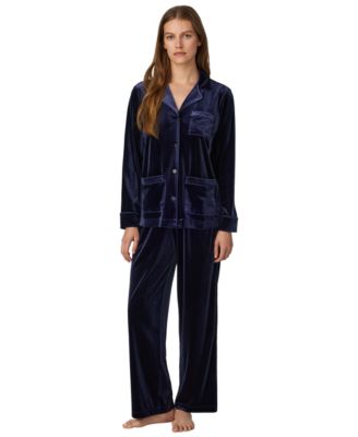 Women's Velvet Long-Sleeve Notch Collar Top and Pants, 2-Piece Set