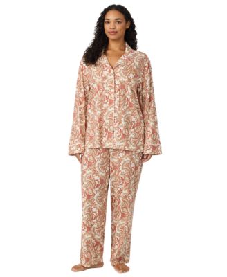 Plus Size Paisley Long-Sleeve Notch-Collar Top and Pants Pajama Set, 2-Piece