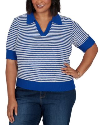 Plus Size Two-Tone Collared Elbow-Sleeve Sweater