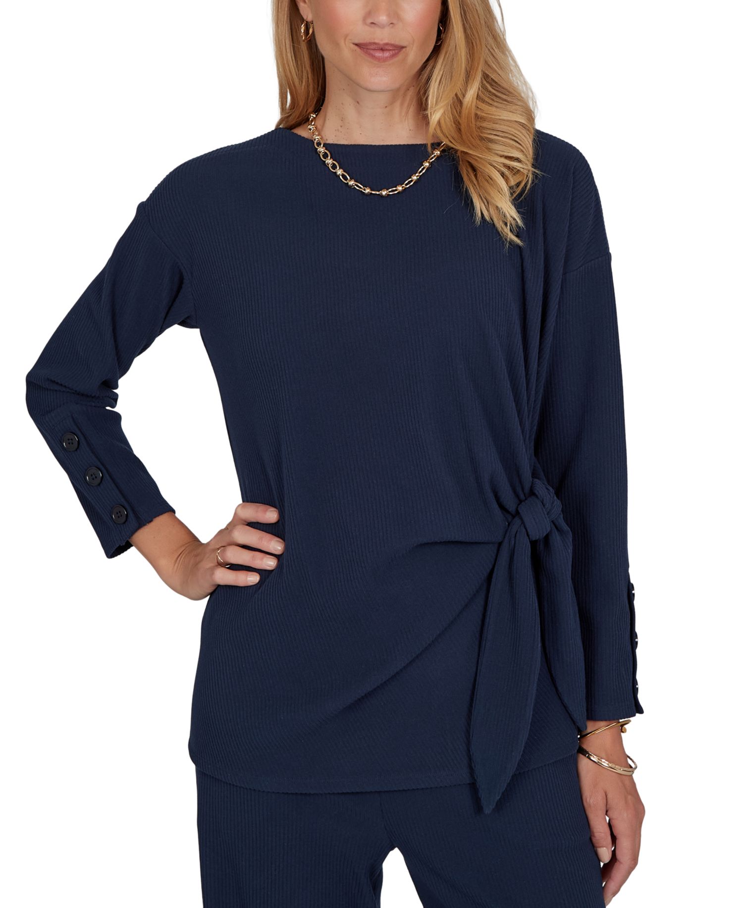Petite Long-Sleeve Boat-Neck Side-Tie Top