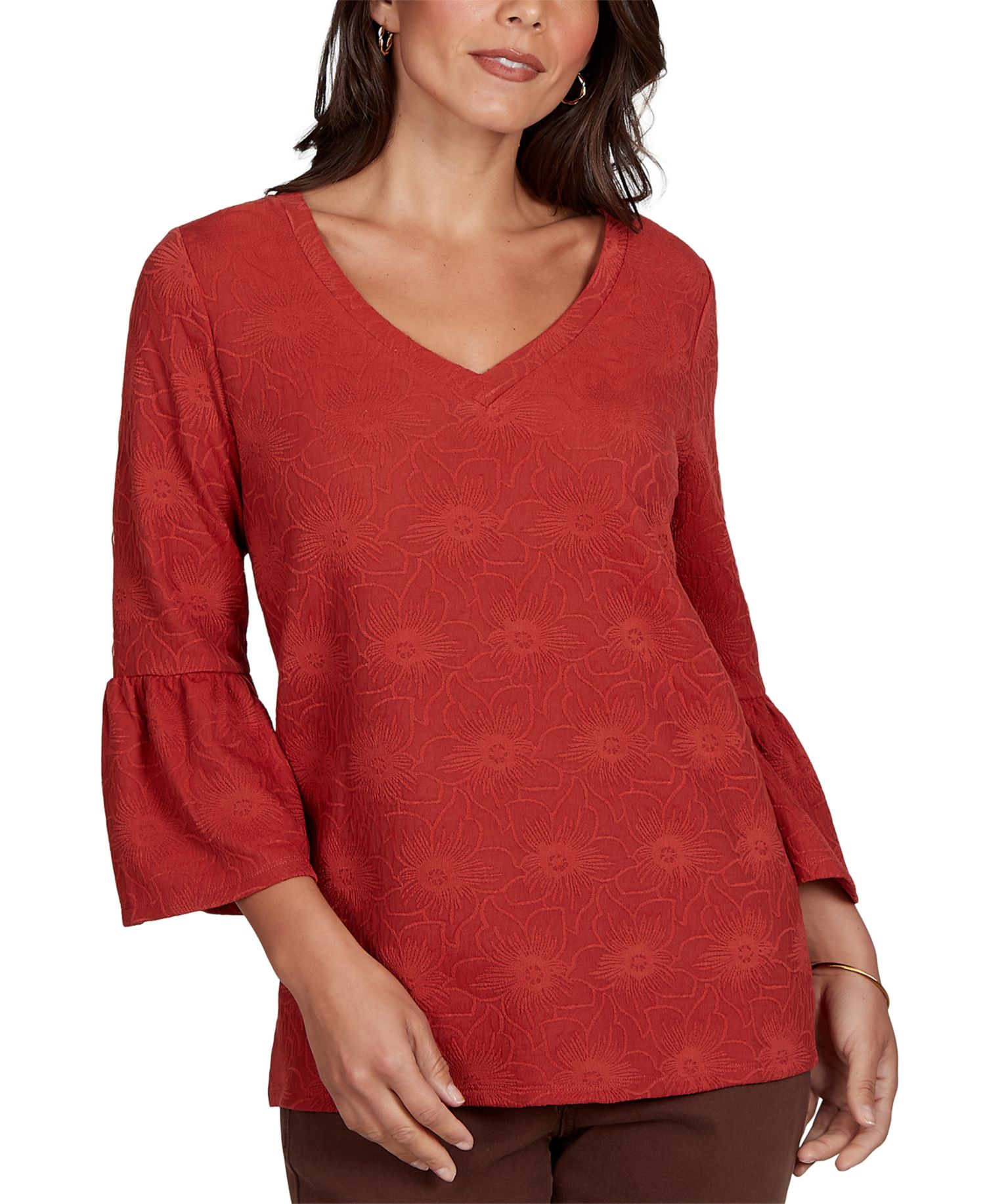 Petite V-Neck Floral-Print Bell-Sleeve Top