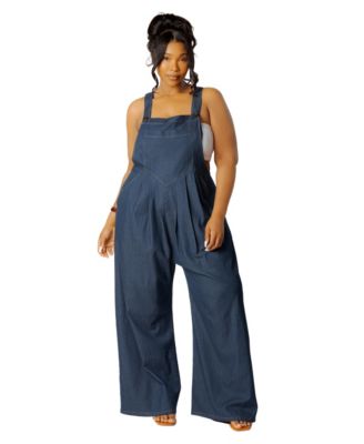 Plus Size Denim Wide-Leg Square Neck Jumpsuit