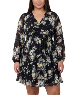 Plus Size Floral-Print V-Neck Long-Sleeve Mini Dress