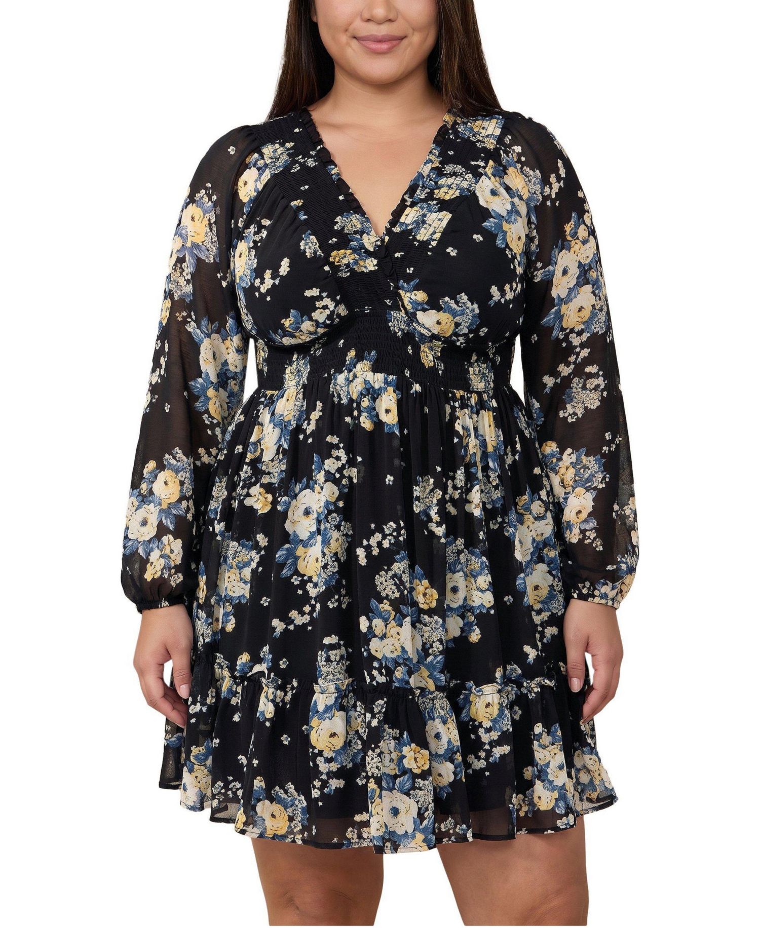 Plus Size Floral-Print V-Neck Long-Sleeve Mini Dress