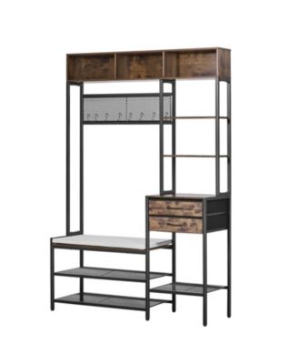 70.9 Inch Hall Tree Coat Rack with Shoe Bench 2 Drawers and Side Bookshelf