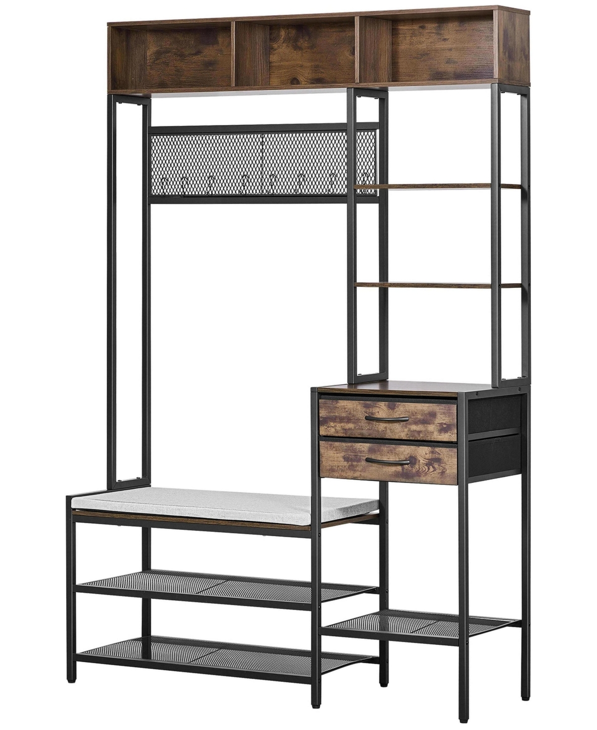 Sugift 70.9 Inch Hall Tree Coat Rack with Shoe Bench 2 Drawers and Side Bookshelf - Brown