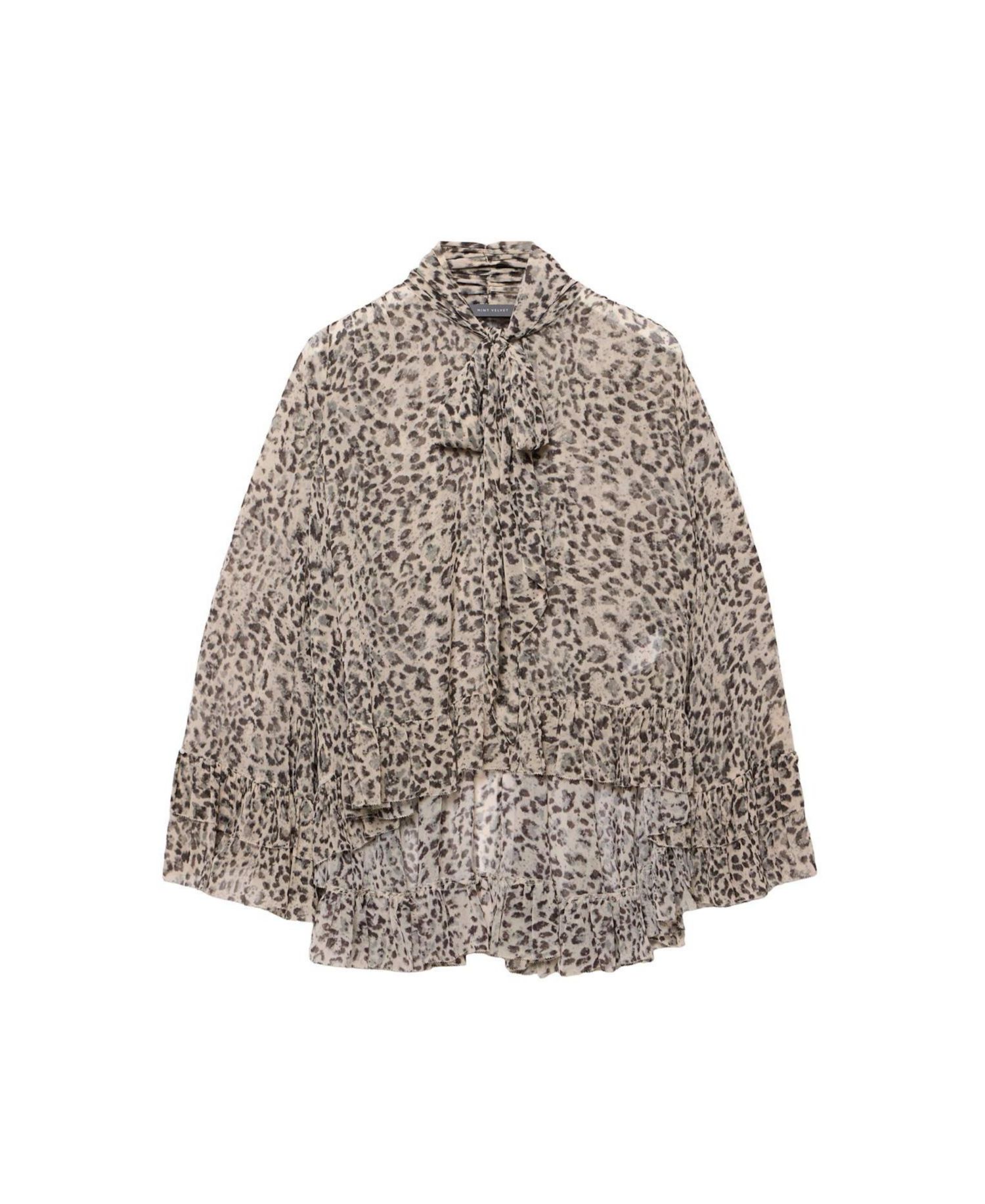 Women's Leopard-Print Long-Sleeve Tie-Neck Blouse