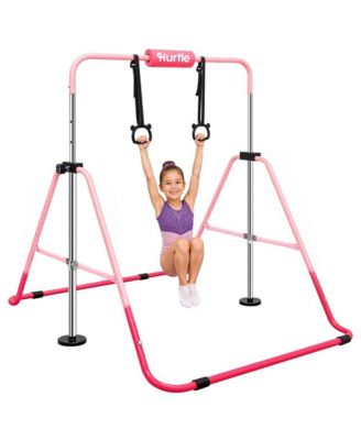Kids Gymnastics Bar, Adjustable Height, 59" Wide Foldable Bar with Hanging Rings, Foam Pad, 145 lb Capacity