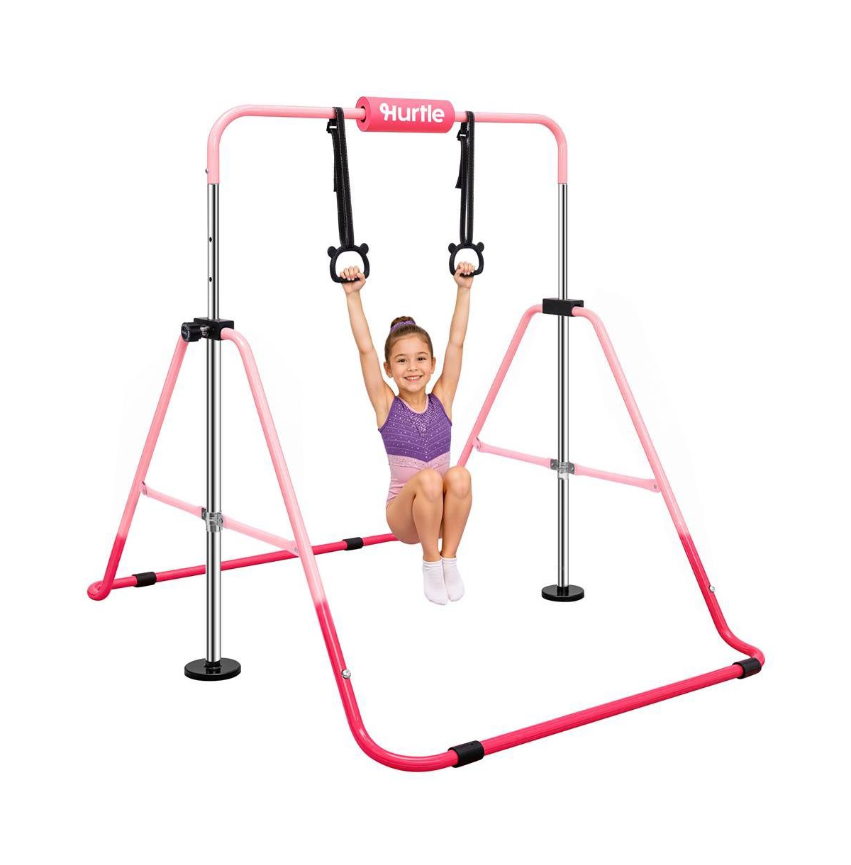 Hurtle Kids Gymnastics Bar, Adjustable Height, 59" Wide Foldable Bar with Hanging Rings, Foam Pad