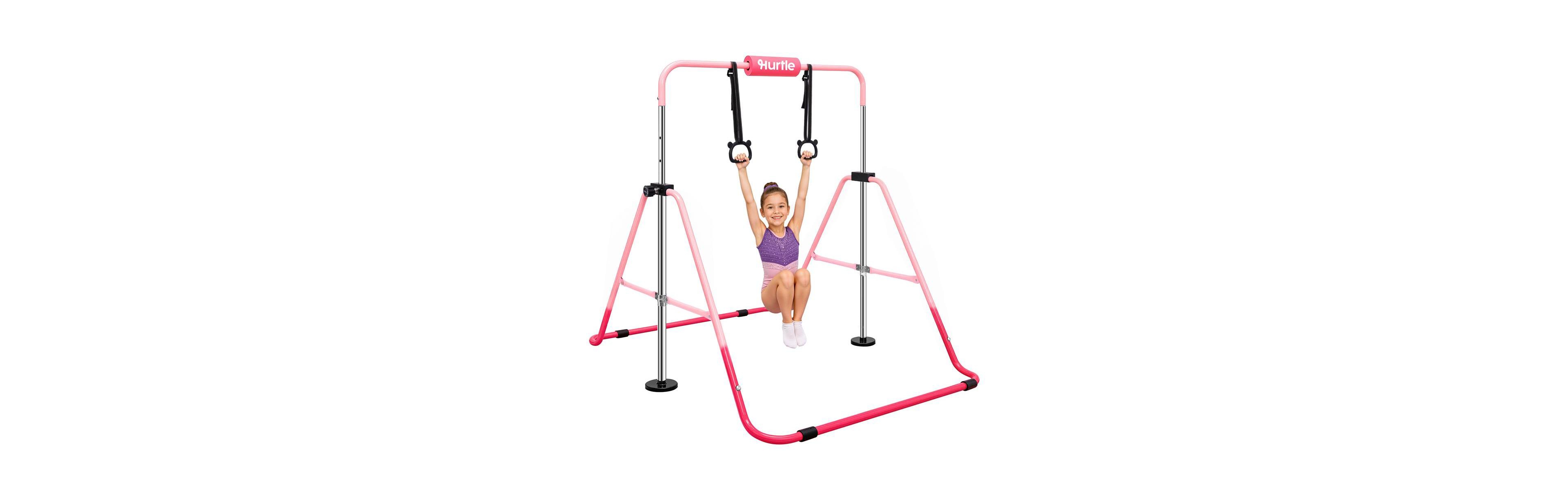 Hurtle Kids Gymnastics Bar, Adjustable Height, 59" Wide Foldable Bar with Hanging Rings, Foam Pad