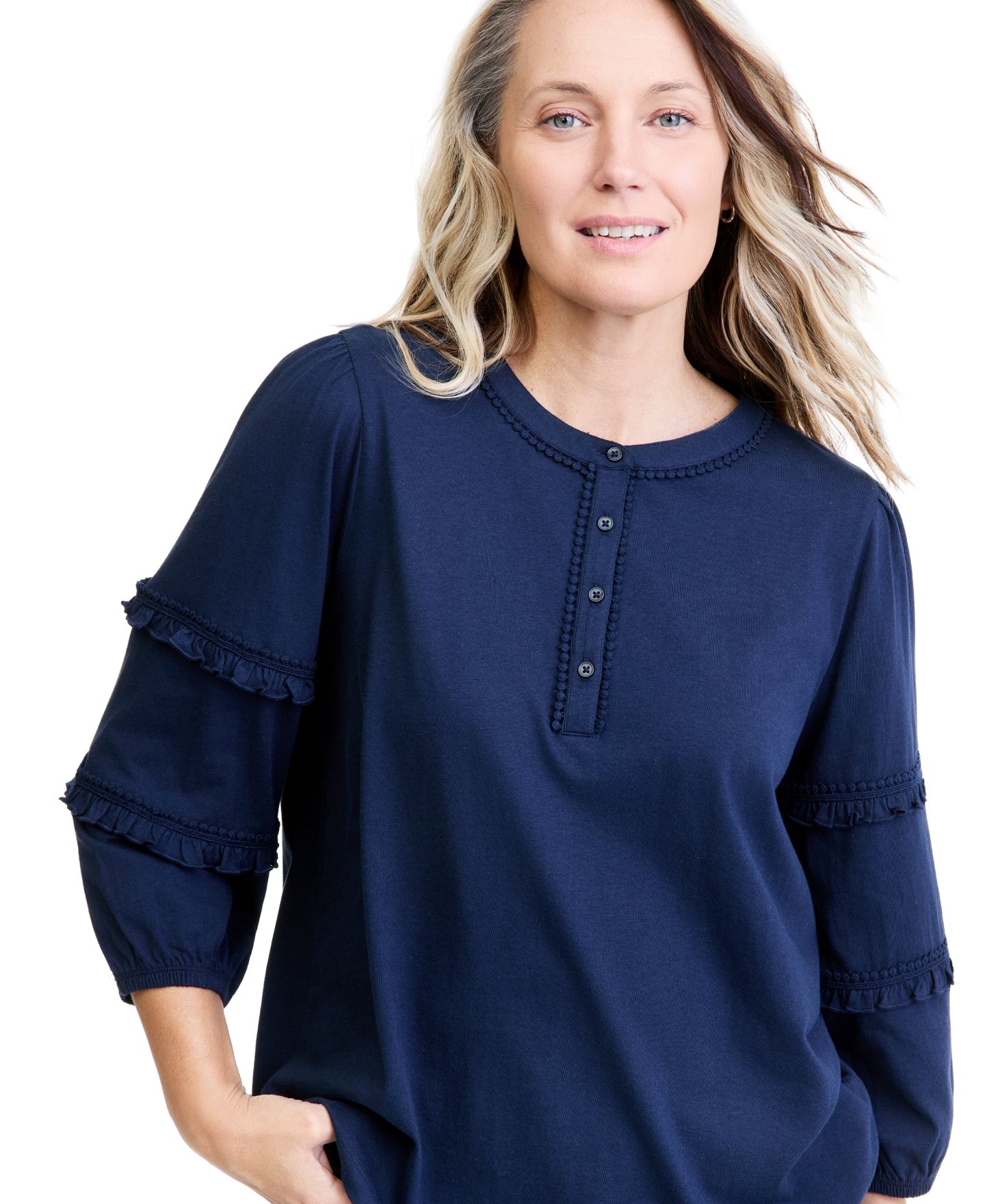 Женская блузка Style & Co 3/4-Sleeve Ruffle Sleeve Henley, цвет: Синий — фото 3