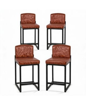 Modern Bar Stools Set of 4, Brown - PU Leather Counter Height Barstools with Back, Upholstered Bar Chairs for Kitchen Island and Home Bar, Metal Frame