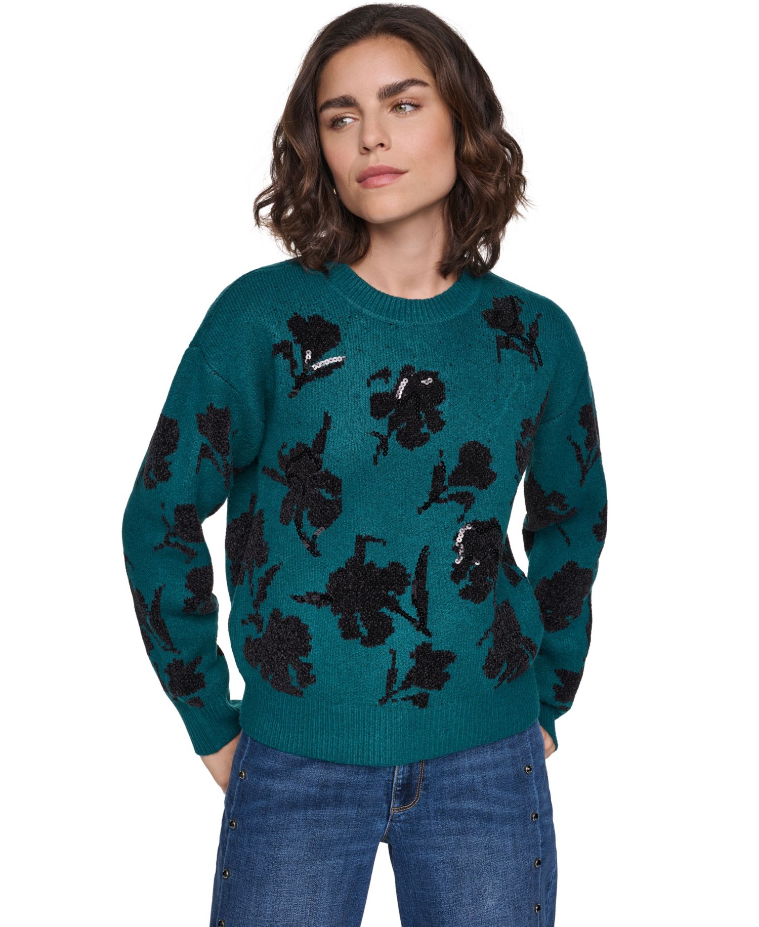 Petite Floral-Sequin Crewneck Sweater