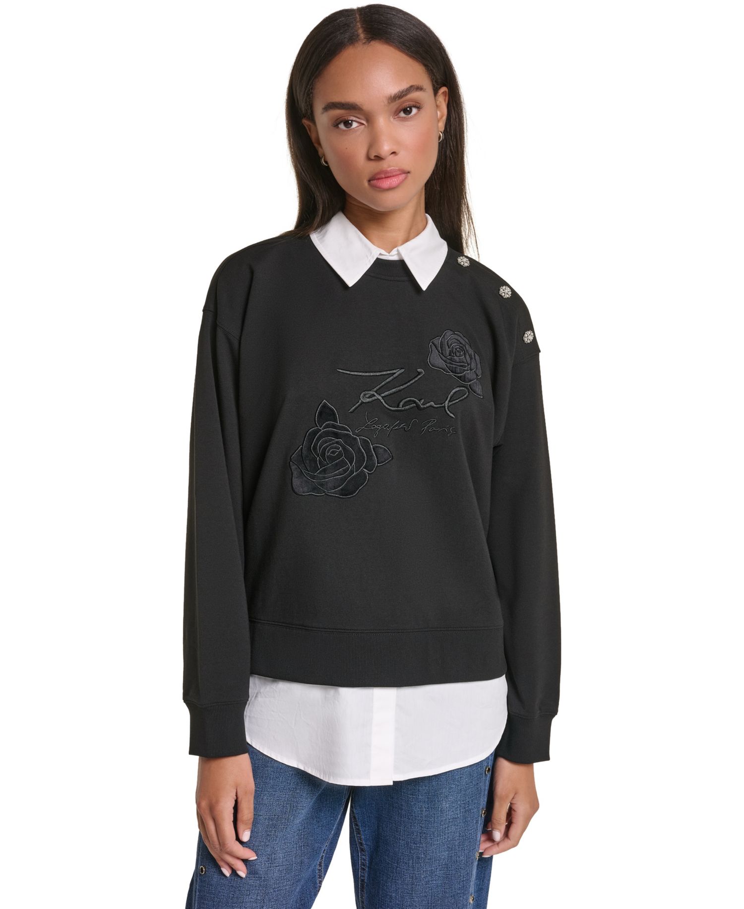 Petite Collared Twoffer Long-Sleeve Loose-Fit Pullover Sweater