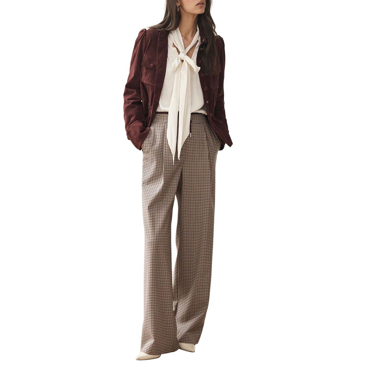 Women's Checked Contrast Waist Wide Leg Trousers