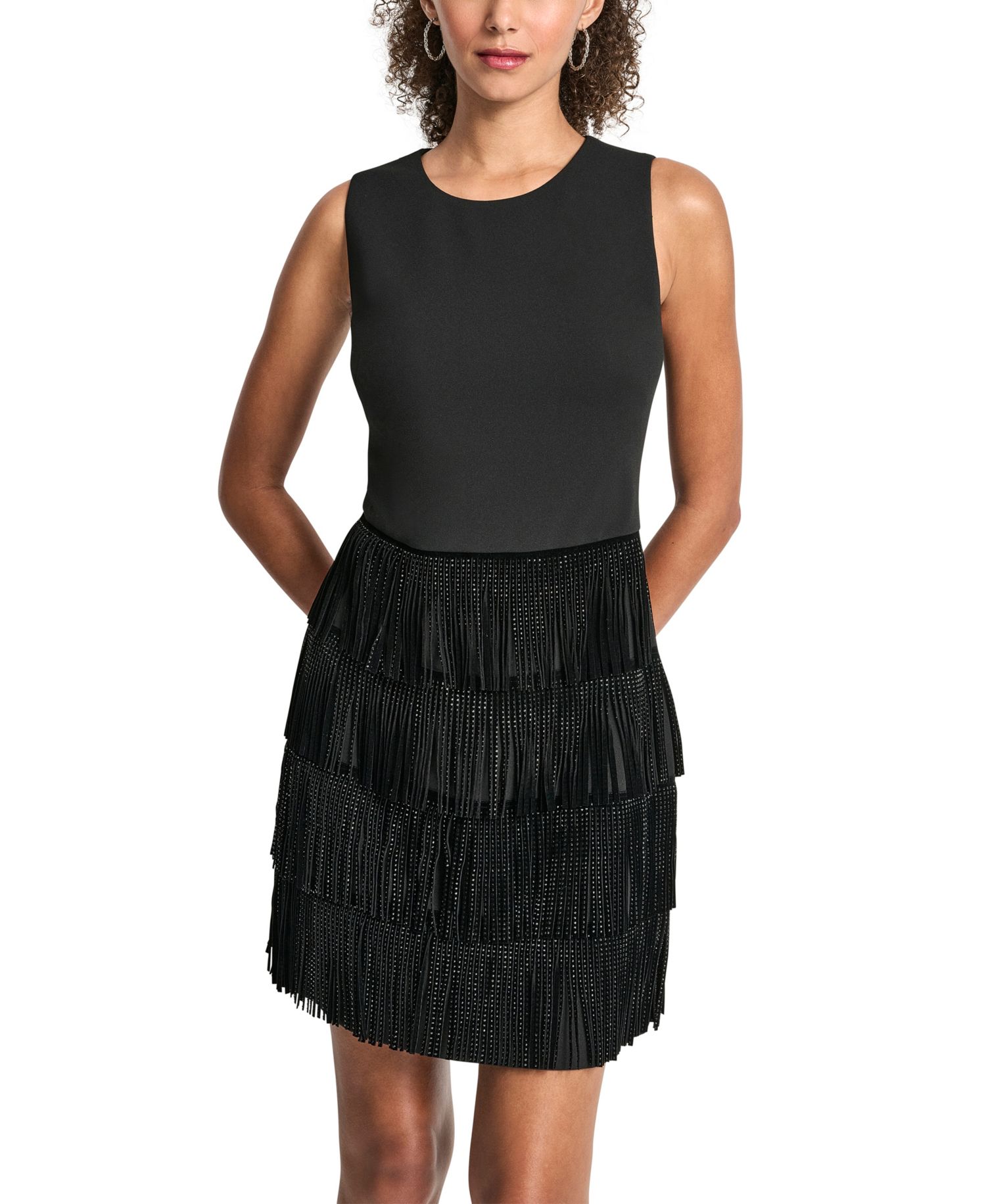 Women's Tiered-Fringe Sleeveless Crewneck Shift Dress