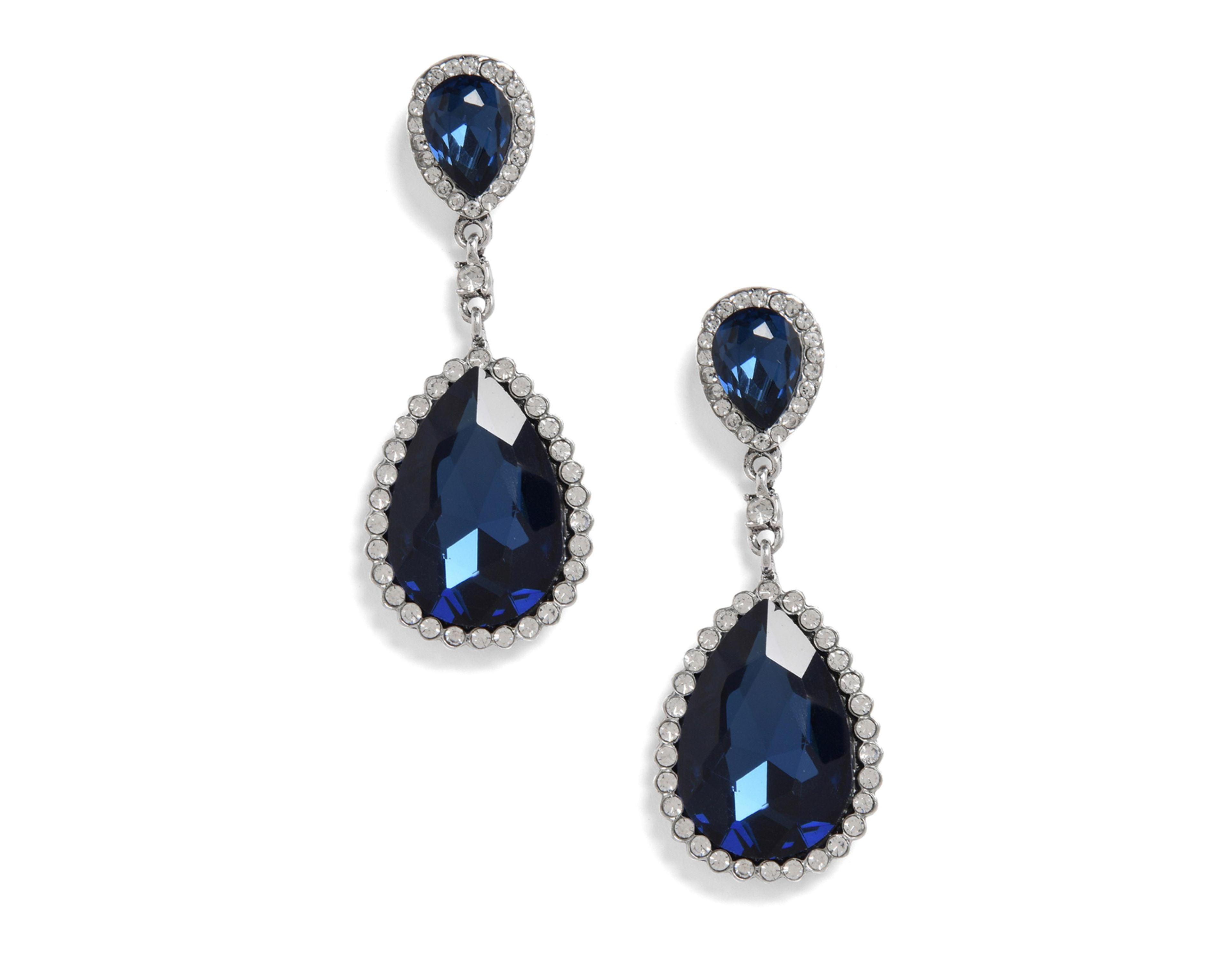 Sohi Silver-Tone Imitation Crystal Navy Blue Teardrop Drop Earrings