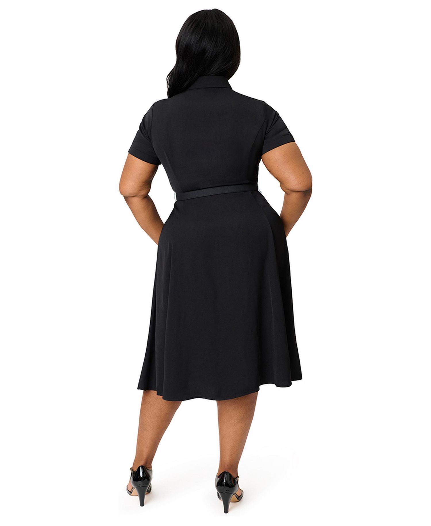 Plus Size 1940s Rhinestone Collared Midi Shirt Dress