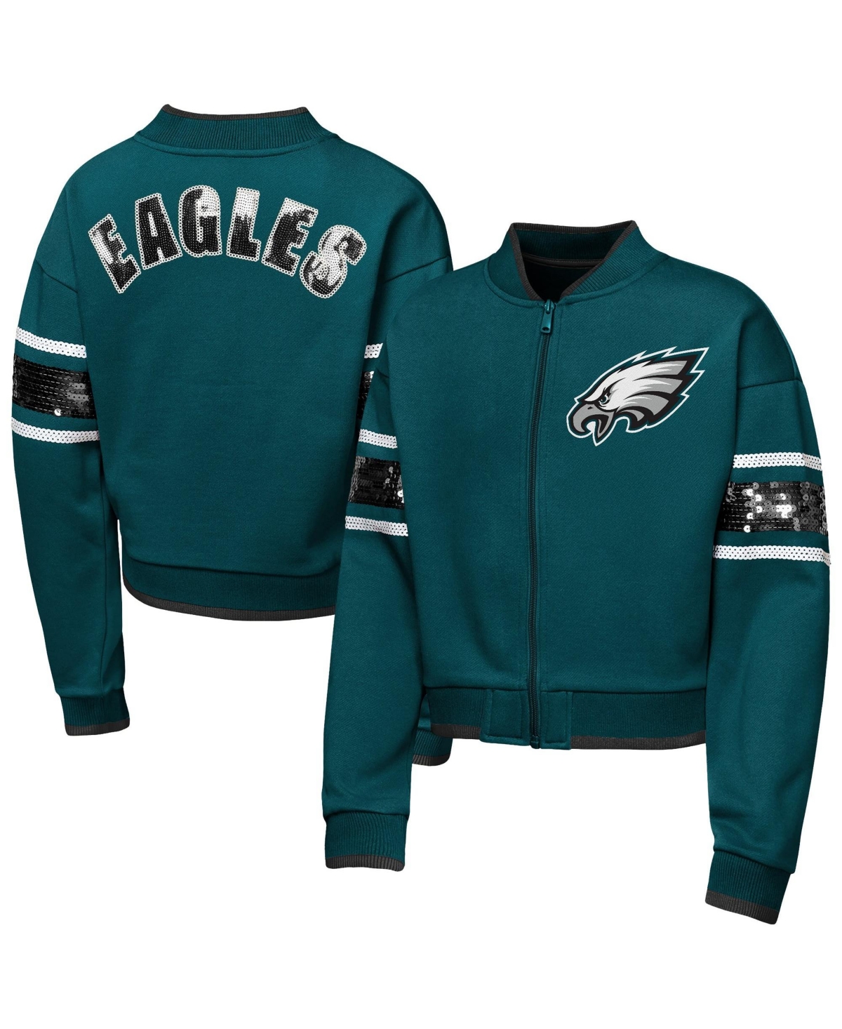 Outerstuff Girls' 4-16 Mvp Philadelphia Eagles Fleece-lined Sequin Bomber Jacket - Midnight Green