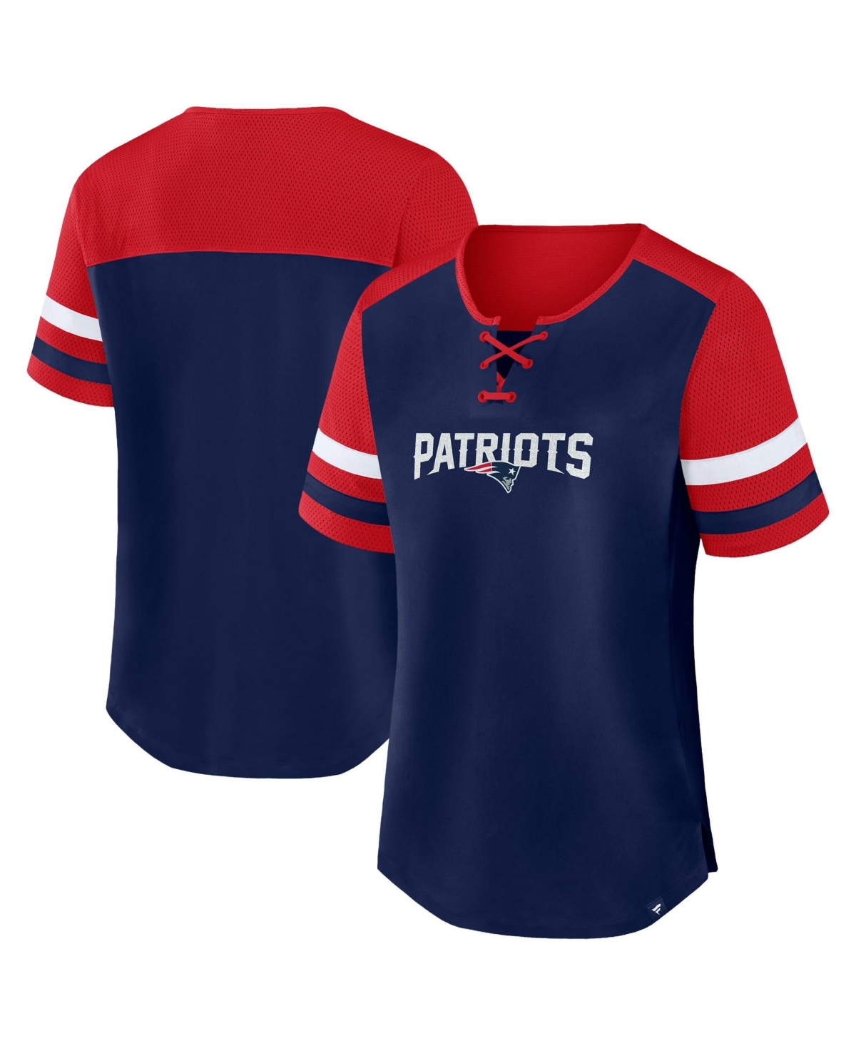 Women's Fanatics Royal/Red New England Patriots Plus Size Throwback Curl Route Lace-Up T-Shirt