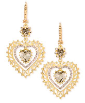 Gold-Tone Glass Heart Double Drop Leverback Earrings