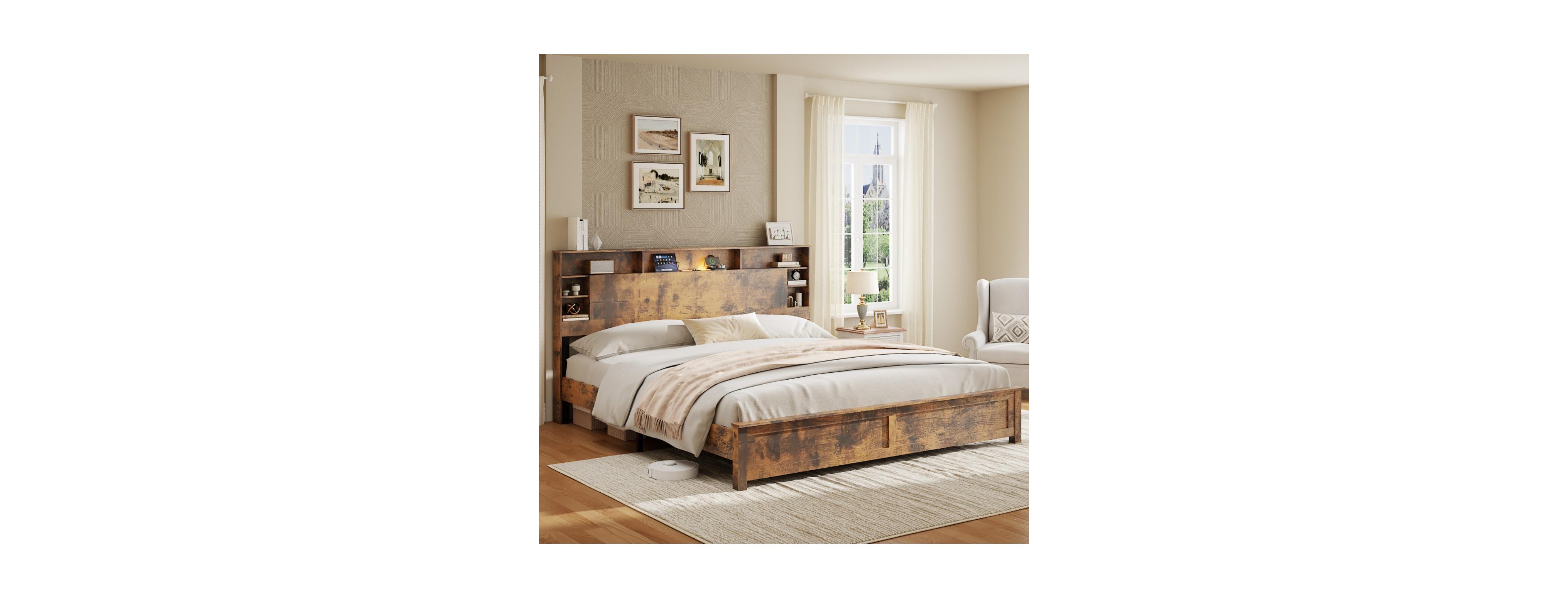 Rainsken Wood Platform Bed Frame with Led Storage Headboard, Usb Charging Station, Bookcase