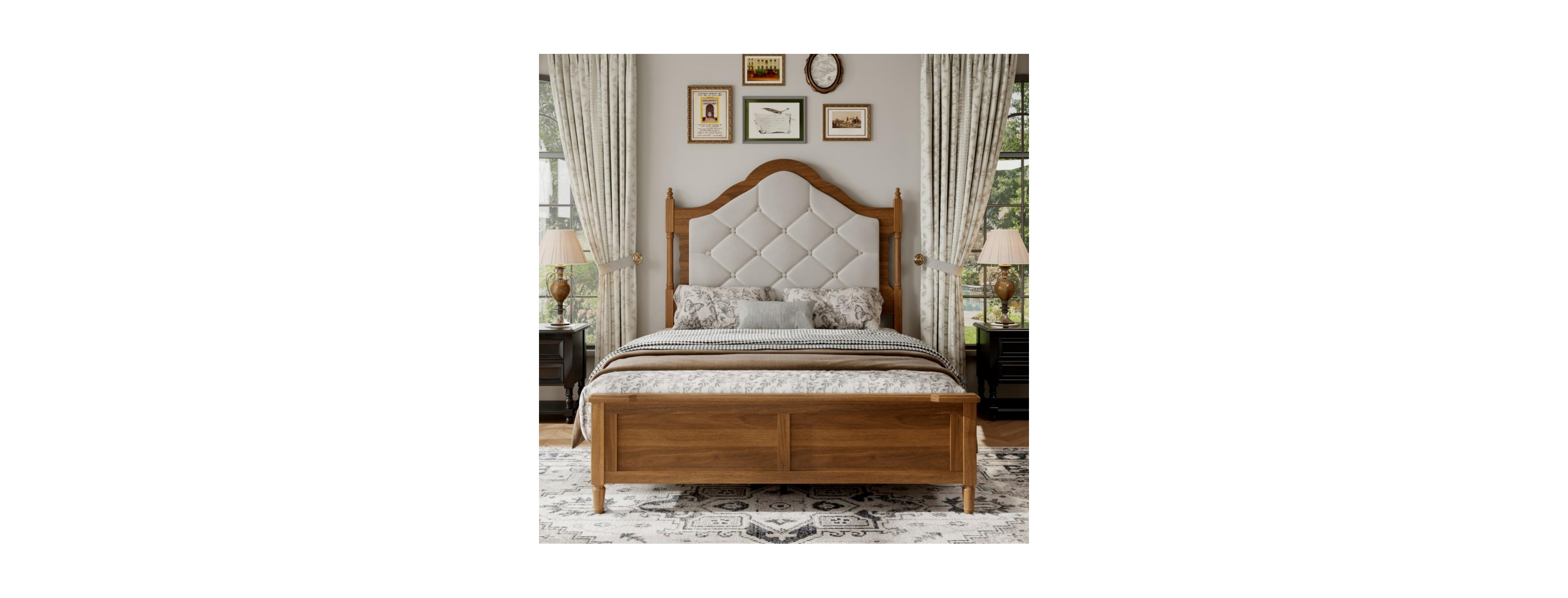 Rainsken Vintage Mid Century Bed Frame with Upholstered Headboard, No Box Spring Needed, Easy Assembly, Farmhouse Bedroom Platform Bed