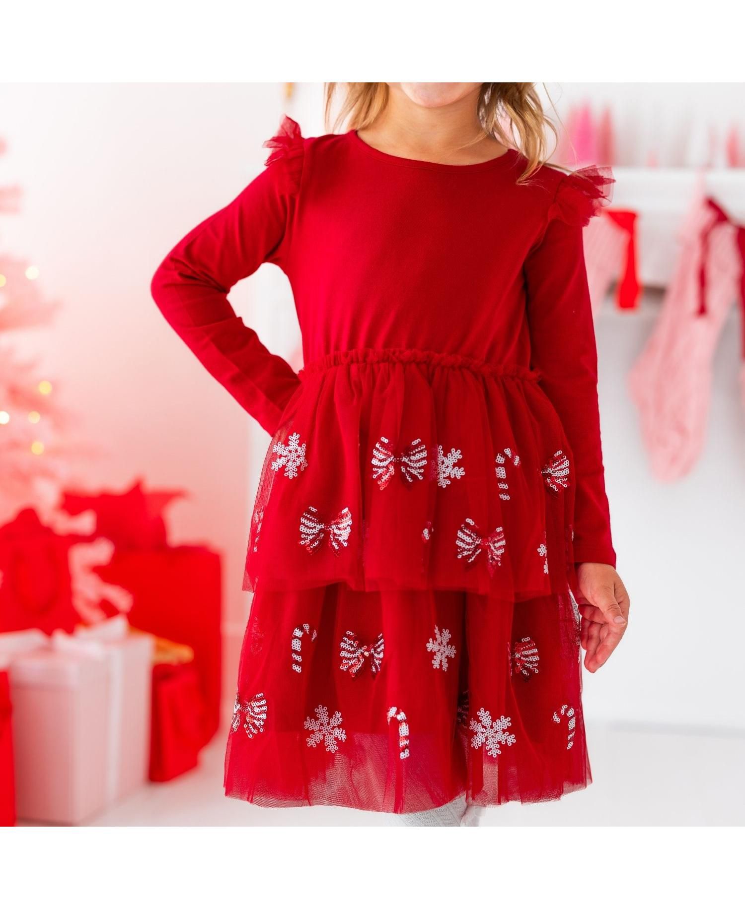 Girls' 4-16 Peppermint Swirl Long-Sleeve Holiday Sequin Tutu Dress