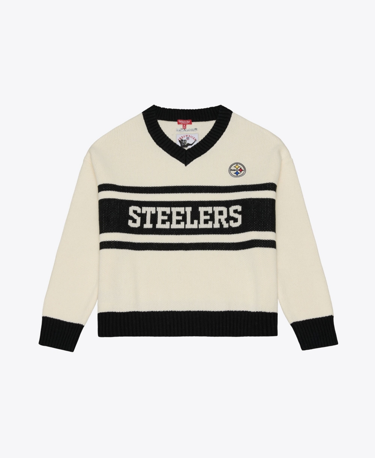 Mitchell & Ness Women's Pittsburgh Steelers Retro Roots Striped V-Neck Sweater - Cream, Black