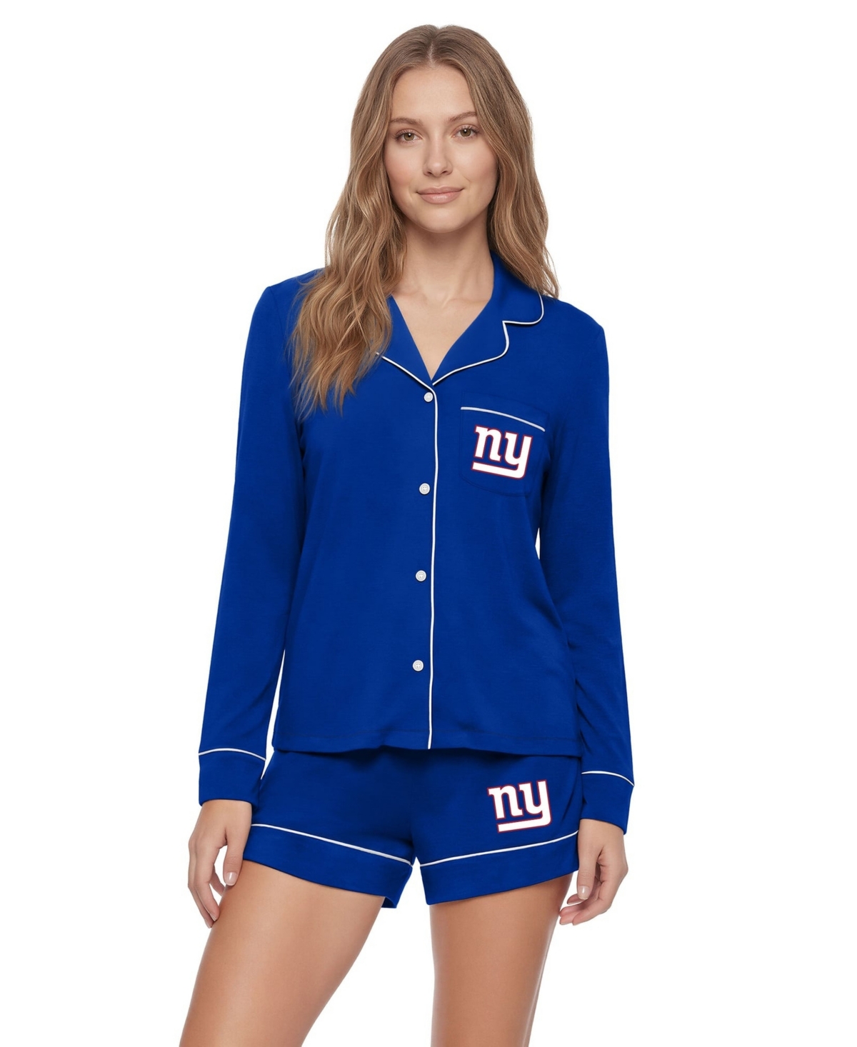 Concepts Sport Women's New York Giants Medley Long-Sleeve Modal-Blend Button-Up and Shorts Sleep Set, 2-Piece Set - Royal, Royal