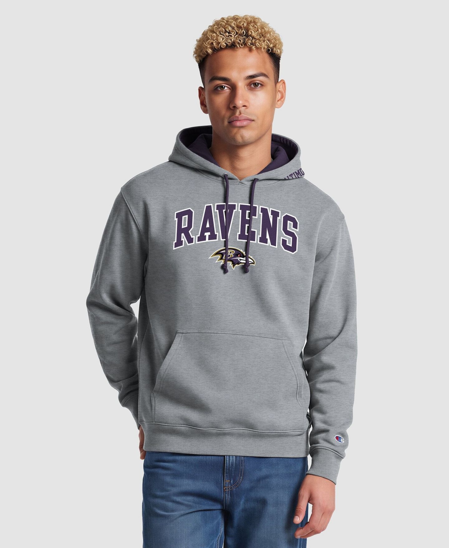 Мужское худи Champion Heather Gray/Purple Baltimore Ravens Contrast — фото 1