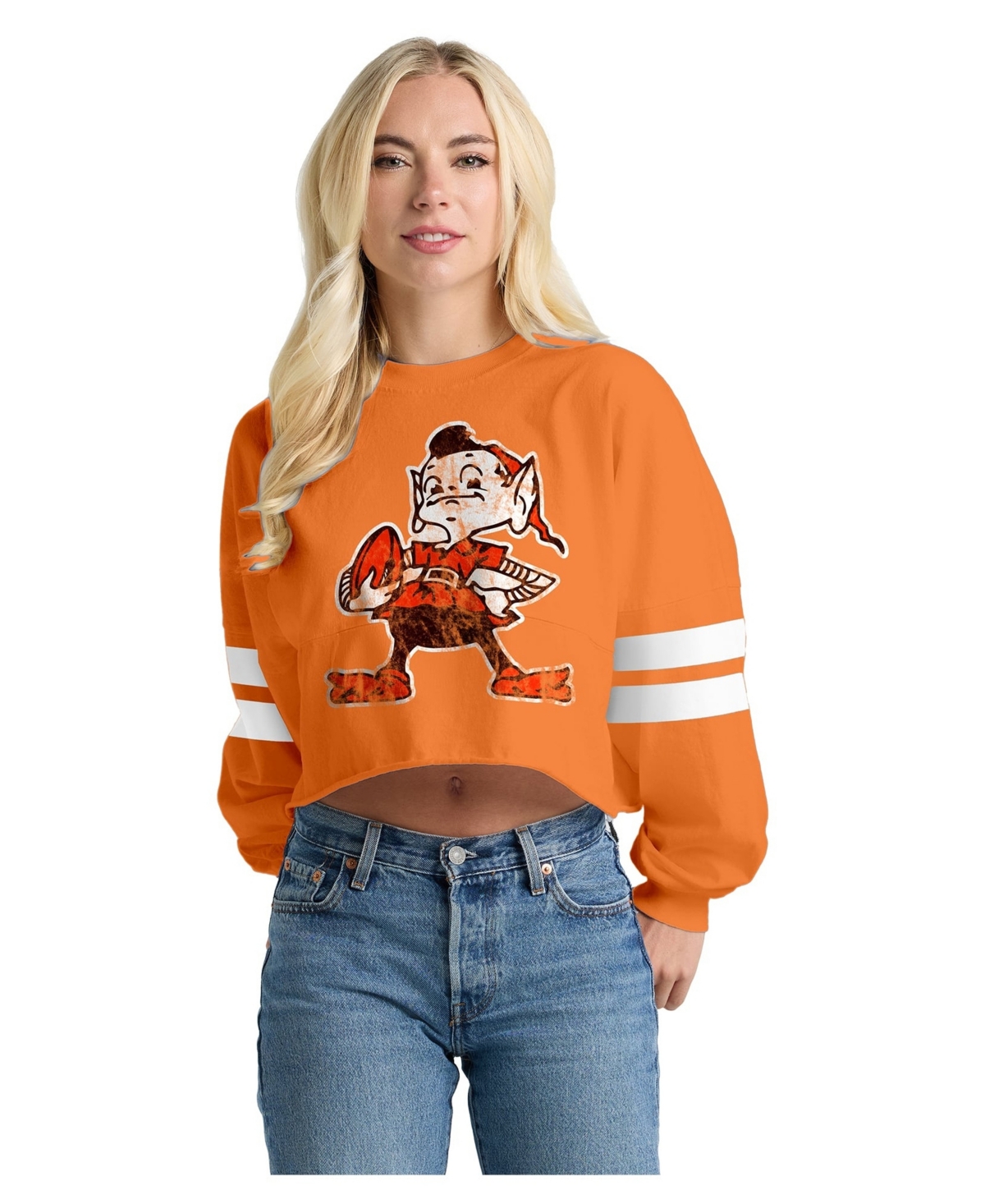 Spirit Jersey Women's Cleveland Browns Oversized Cropped Long-Sleeve Graphic T-Shirt - Orange