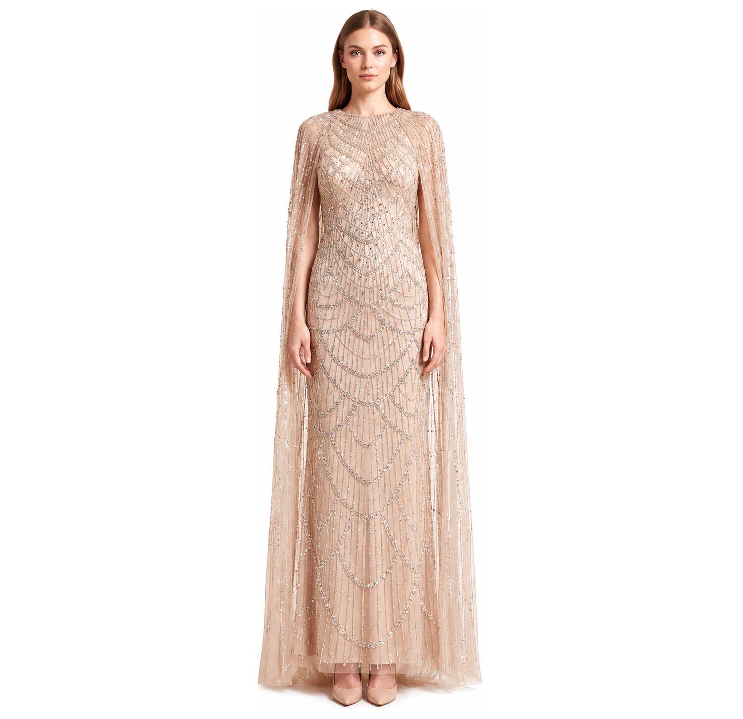 Women's Beaded High-Neck Cape Gown