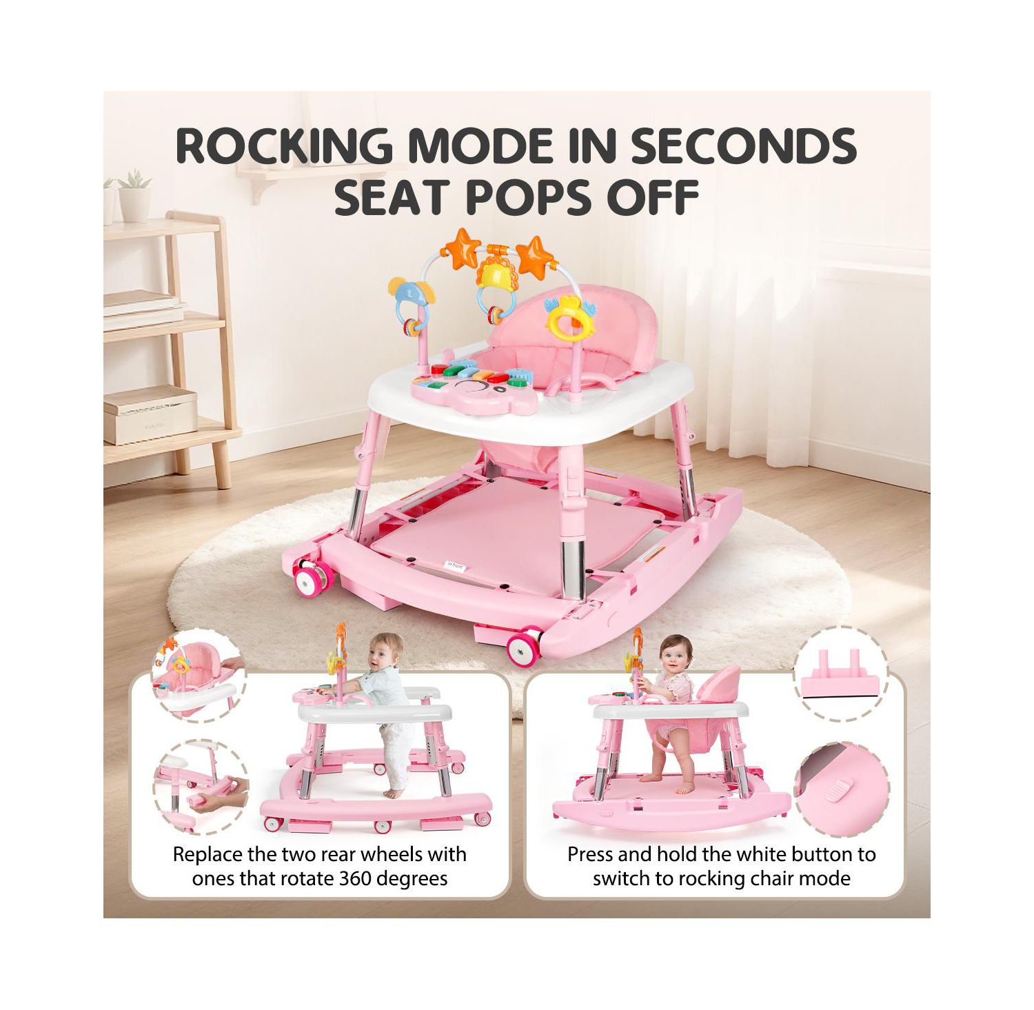 5-in-1 baby walker with adjustable height, activity panel and foldable design
