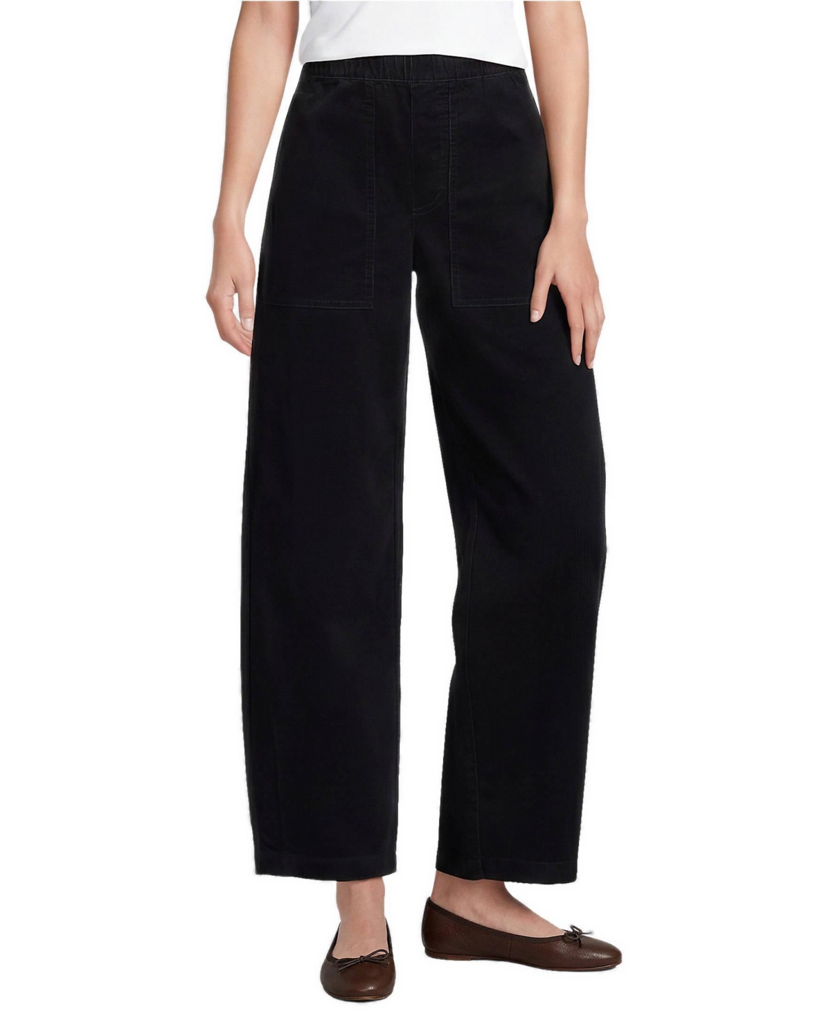 Lands' End Petite Corduroy High Rise Pull On Utility Barrel Leg Pants - Black