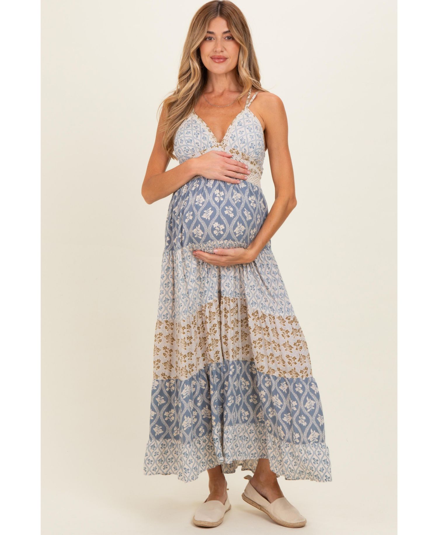Women's Vintage Blue Mixed Floral Lace Trim Maxi Dress