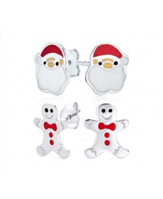 Sterling Silver Enamel Gingerbread Man and Santa Claus Stud Earrings Set
