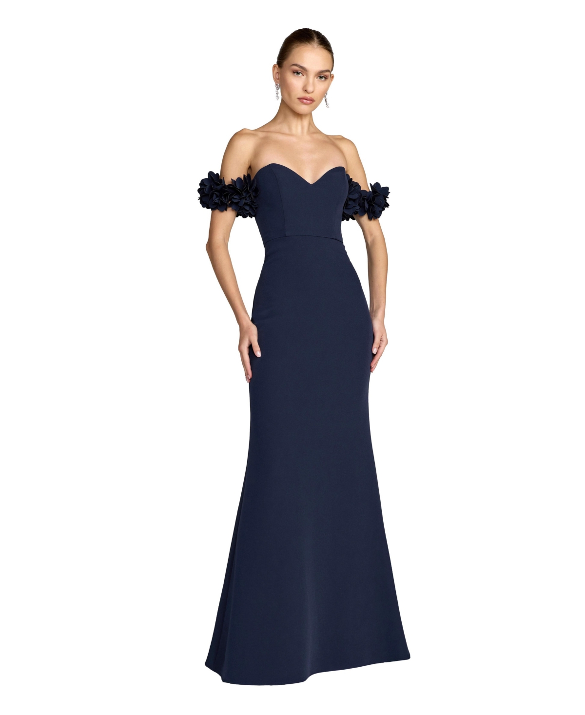Ieena for Mac Duggal - Midnight Crepe Off The Shoulder Gown With 3D Flowers - US 16